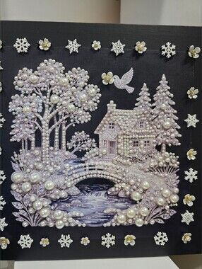 Hand Crafted Pearl-Embellished Lilac Winter Cottage Wall Art